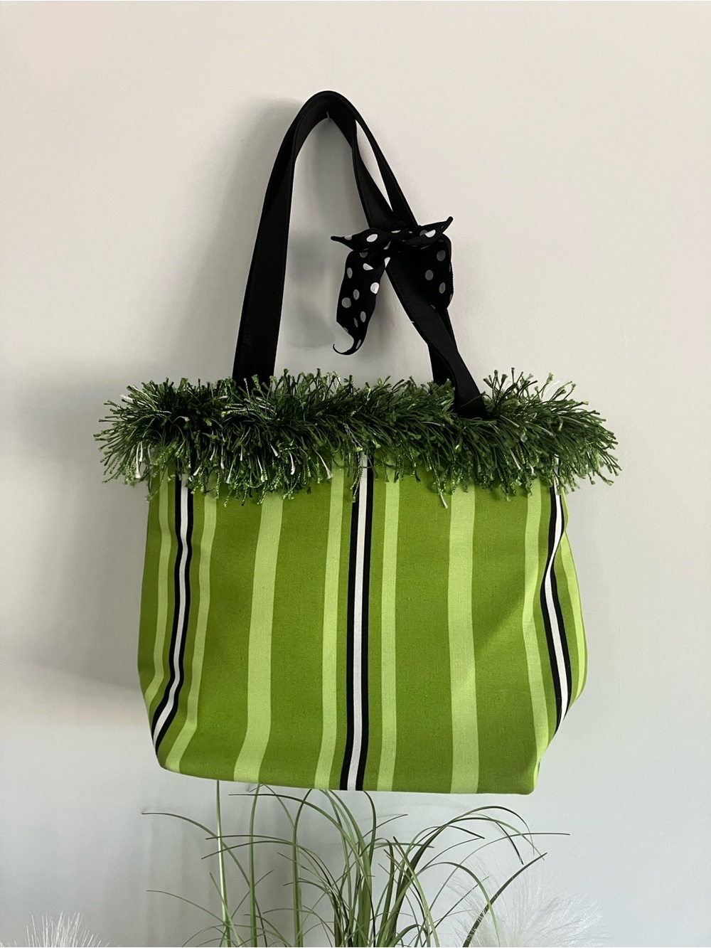Green Striped HandBag with Fringe Trim and matching coin purse